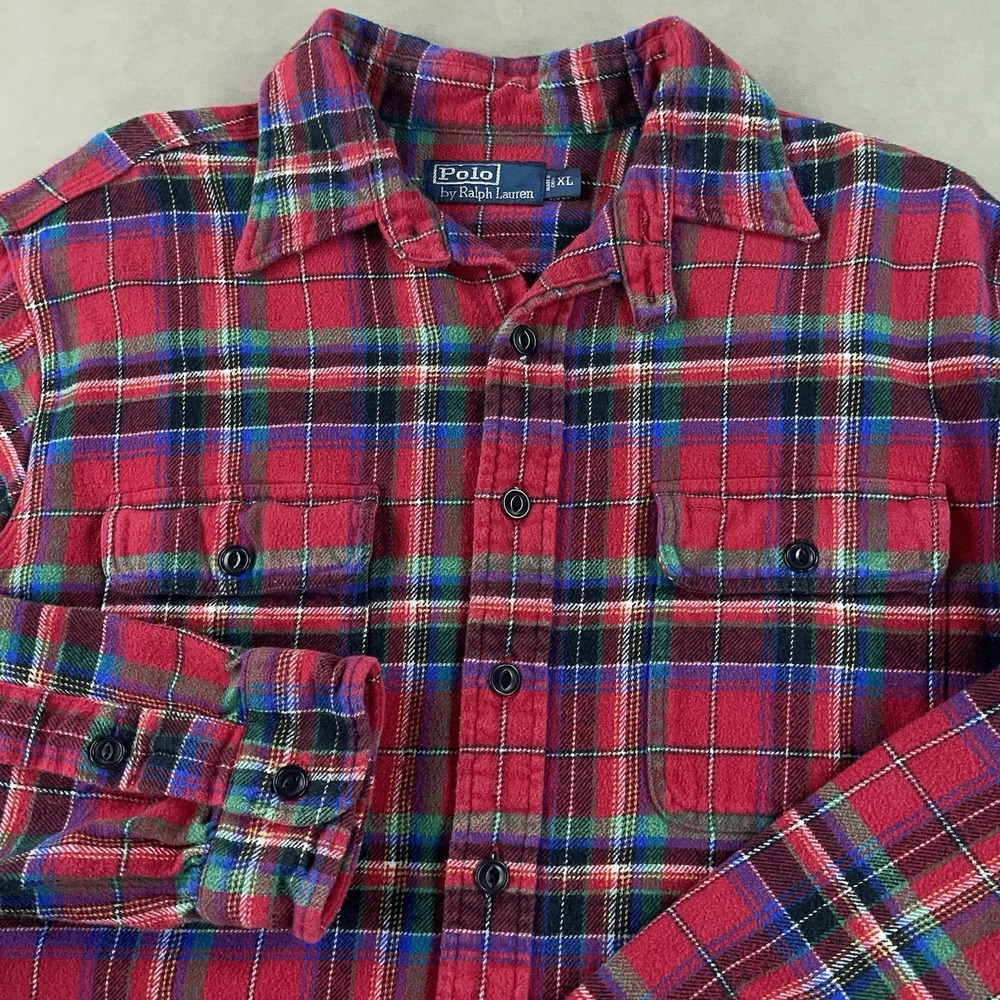 Vintage Polo‎ Ralph Lauren Shirt Mens XL Red Plaid Flannel Loop Collar Heavy